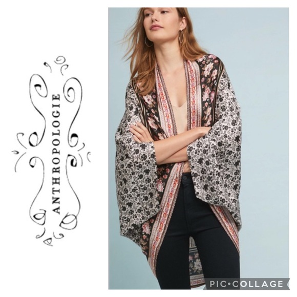 🦋Anthropologie Kachel Collab Mirrored Floral Black White Blush Silk Kimono🦋 - Picture 2 of 10